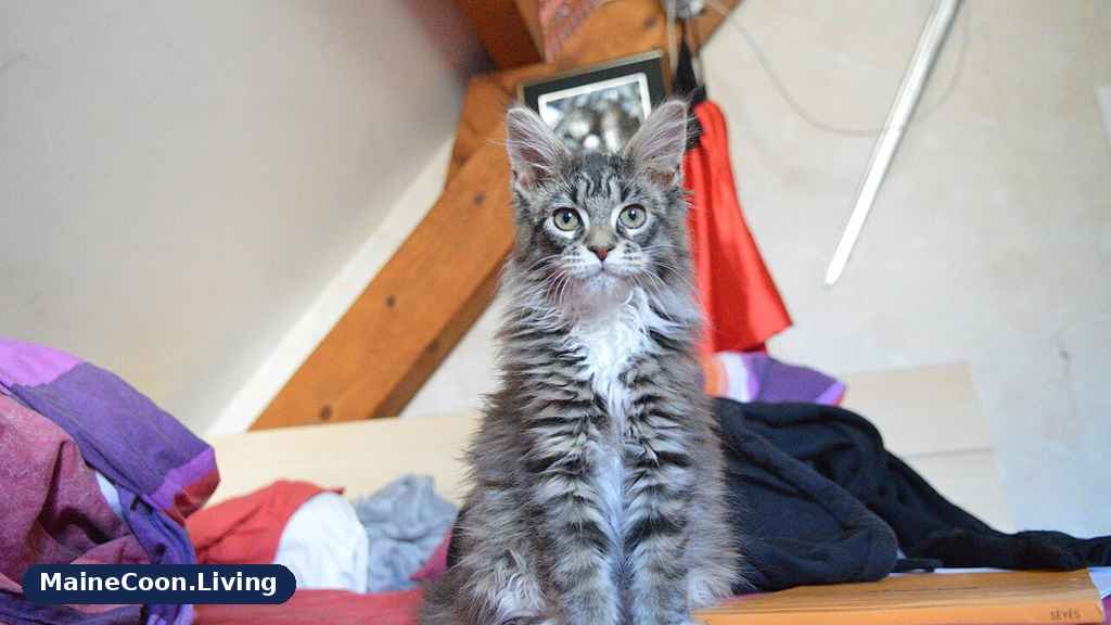 Young tabby Maine Coon kitten sitting upright indoors and looking at the camera
