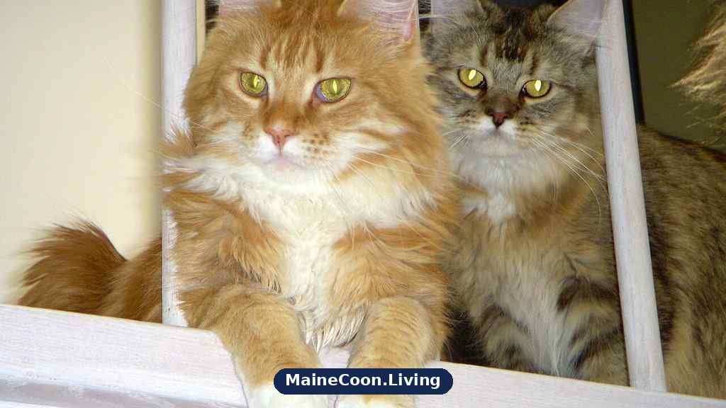 Two male Maine Coon cats sitting side by side at home