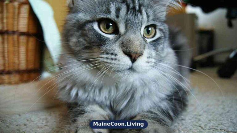 Adult silver tabby Maine Coon lying on carpet indoors