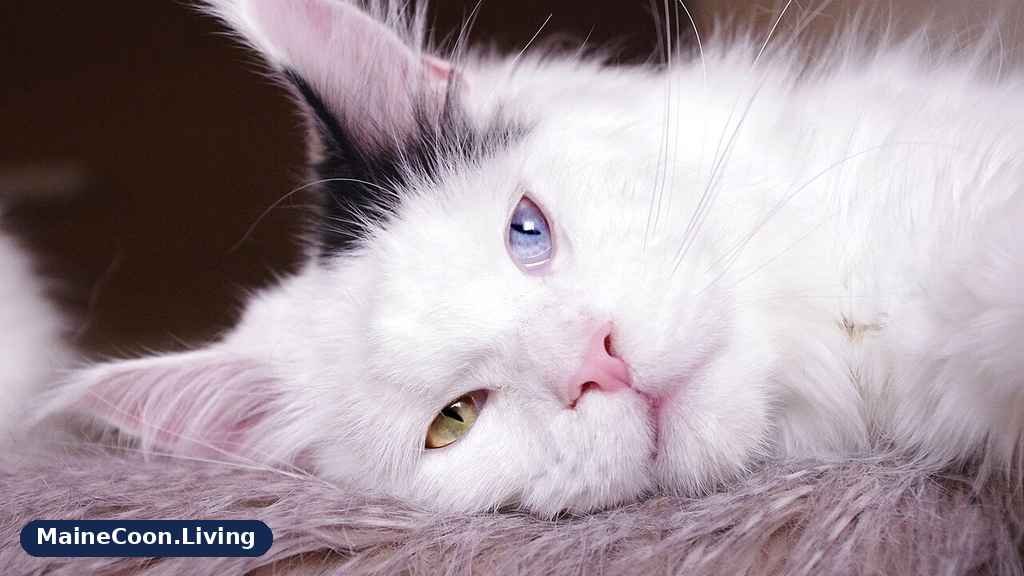 A female Maine Coon with odd coloured eyes