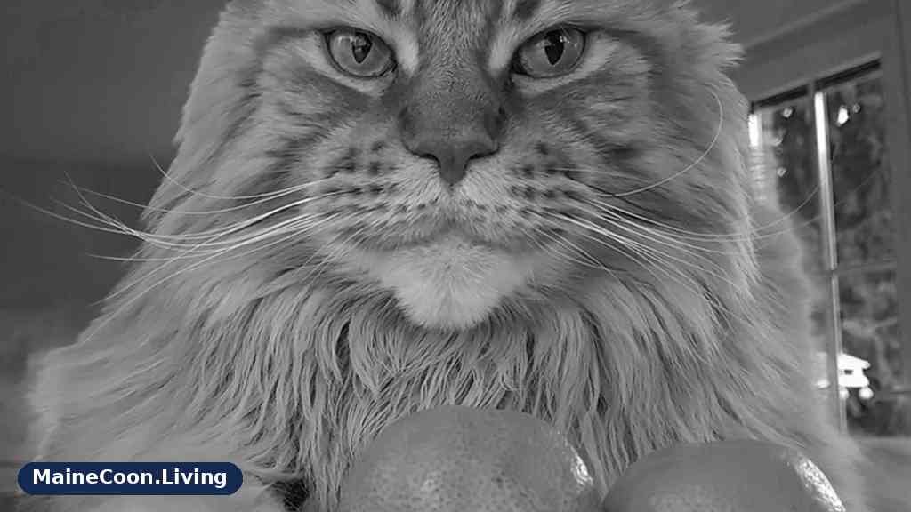 Maine Coon cat with a long shaggy coat and a full ruff around the neck, shown in black and white