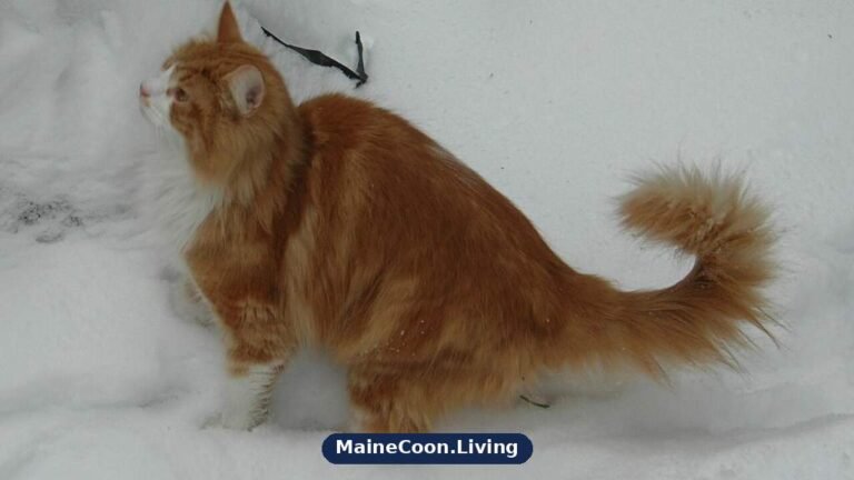 Red tabby and white Norwegian Forest Cat standing in snow, showing its thick double coat and straight profile