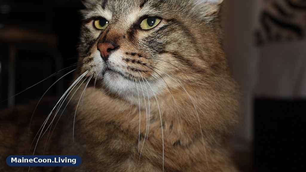 Head-only close-up of a brown tabby Maine Coon cat