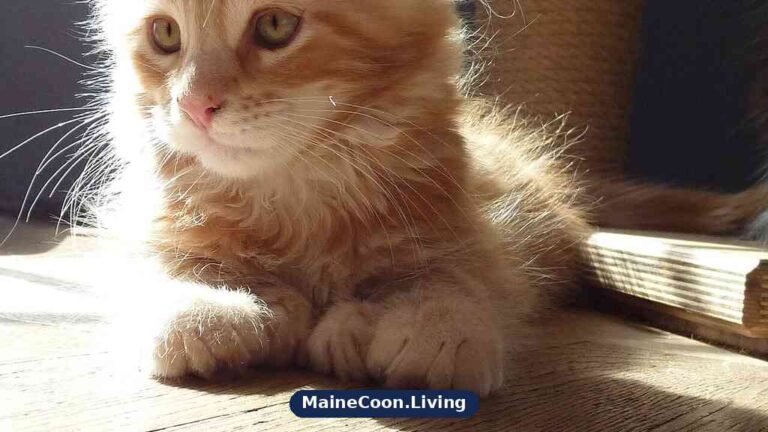 Young orange Maine Coon kitten with broad front paws