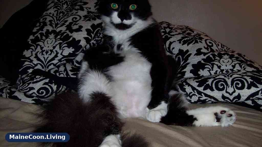 Black and white tuxedo Maine Coon sitting up indoors with a white chest and paws
