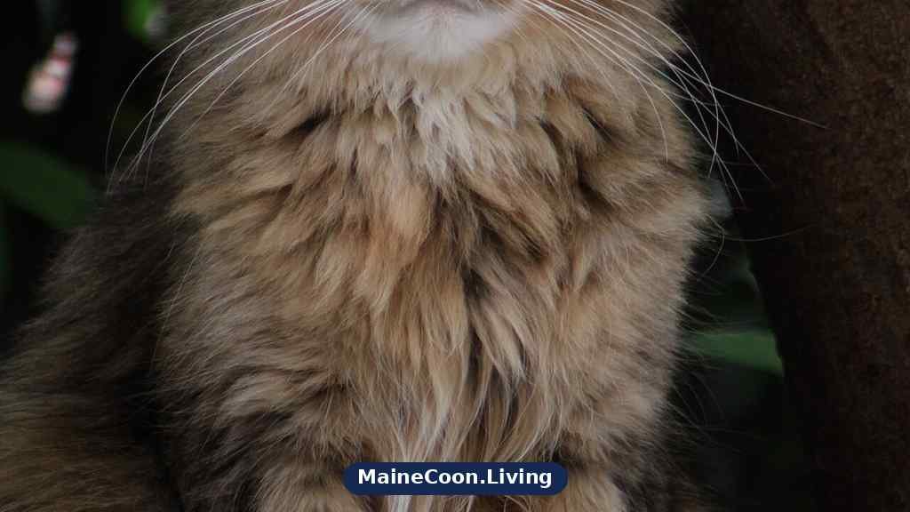 Mature tabby Maine Coon with a thick coat and long chest fur sitting facing the camera