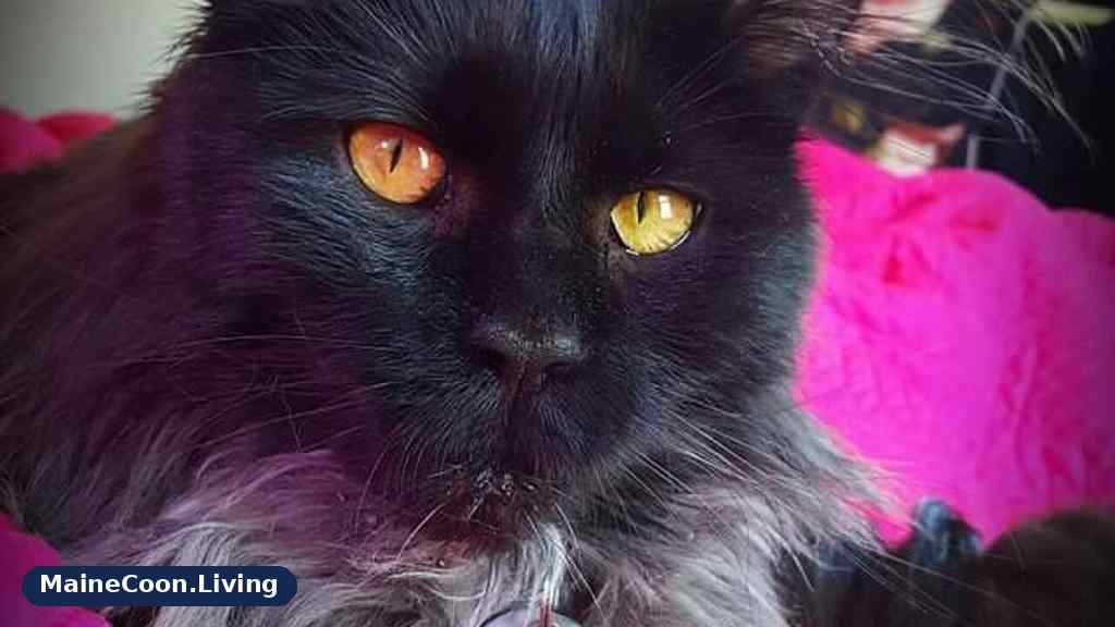 Black smoke Maine Coon with a thick dark coat, pale ruff and tall tufted ears looking at the camera