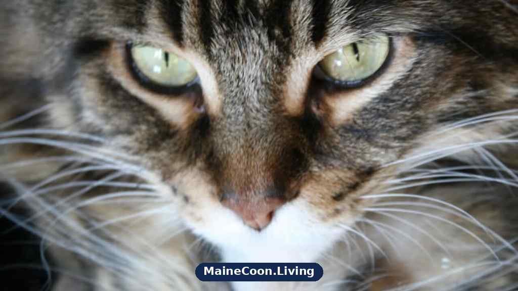 Extreme close-up of a brown tabby Maine Coon's face