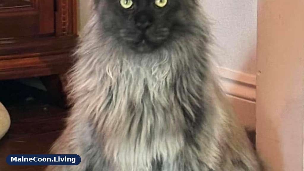 Black smoke Maine Coon sitting indoors with a black face and legs and a long pale silver grey body coat