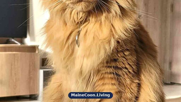 Large red tabby Maine Coon sitting tall with a full ruff and long coat