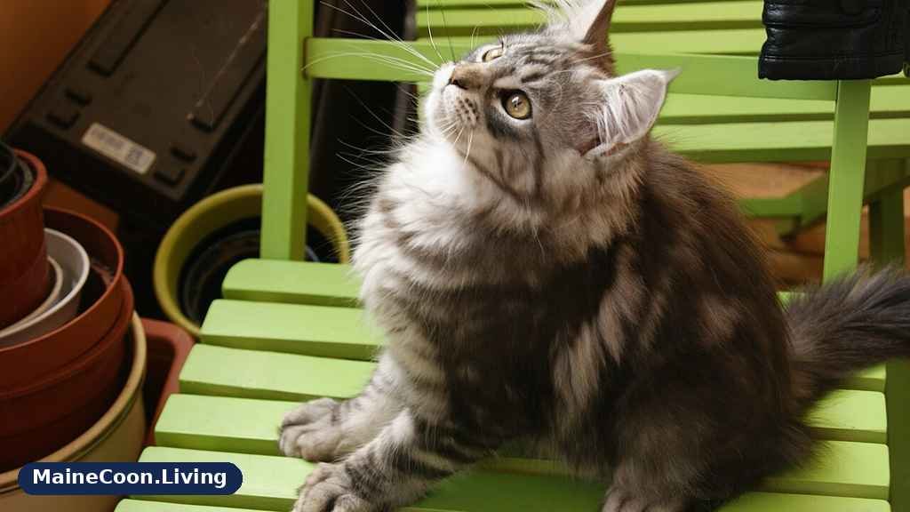 A Maine Coon cat resting outdoors with a long flowing tail and a thick layered coat