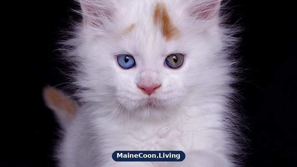 White Maine Coon kitten with odd eyes, one blue and one amber, and a faint ginger smudge on the forehead