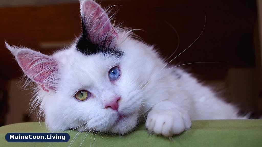 White Maine Coon kitten with odd eyes, one blue and one green gold, and a small black patch on one ear
