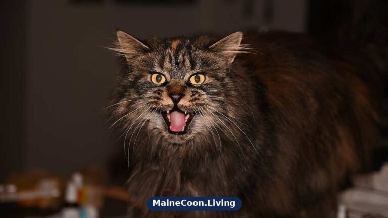 Maine Coon cat with its mouth open mid call