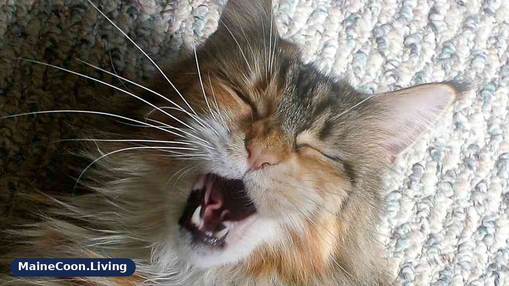 Maine Coon with its mouth open mid yawn
